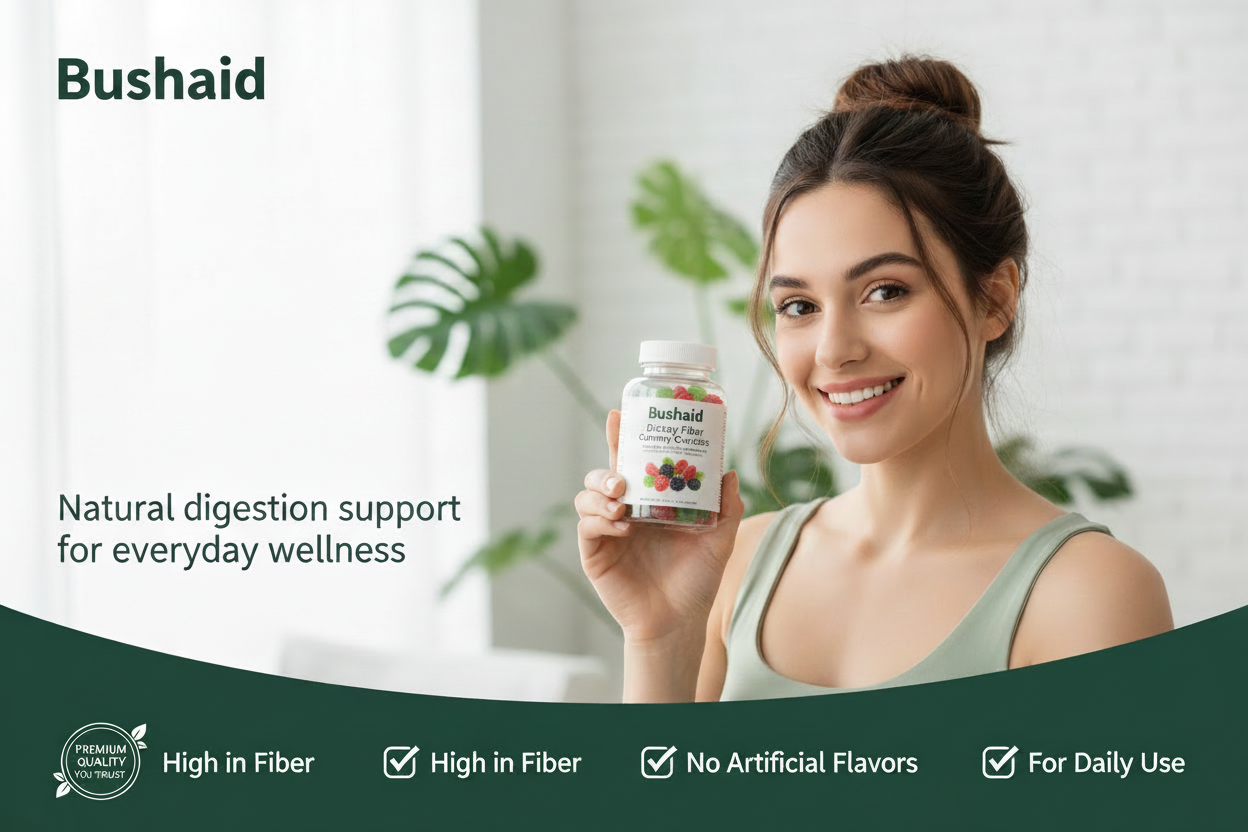 Woman holding a bottle of Bushaid supplements with promotional text on a light background