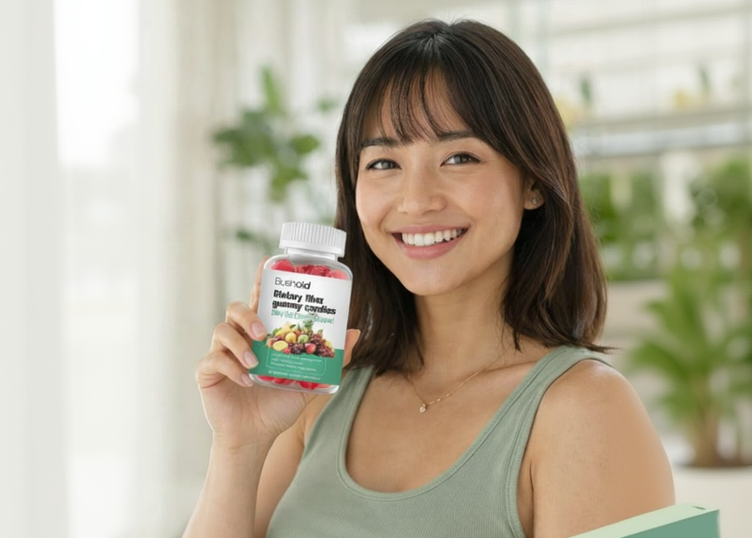 Woman holding a bottle of Bushaid gummy vitamins with text about gut health and fiber support.